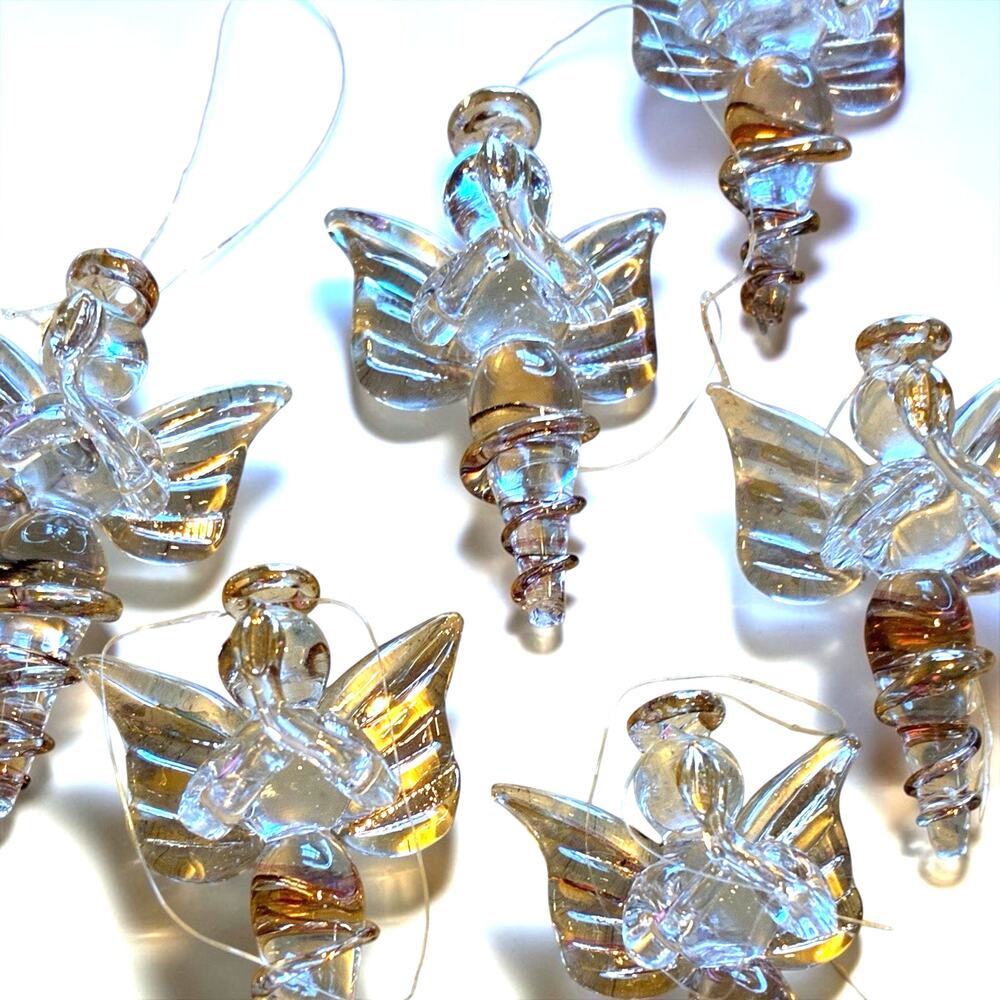 NEW 6 Angels Blown Spun Glass Christmas Ornaments Clear Pray Halo Mini Lot 6